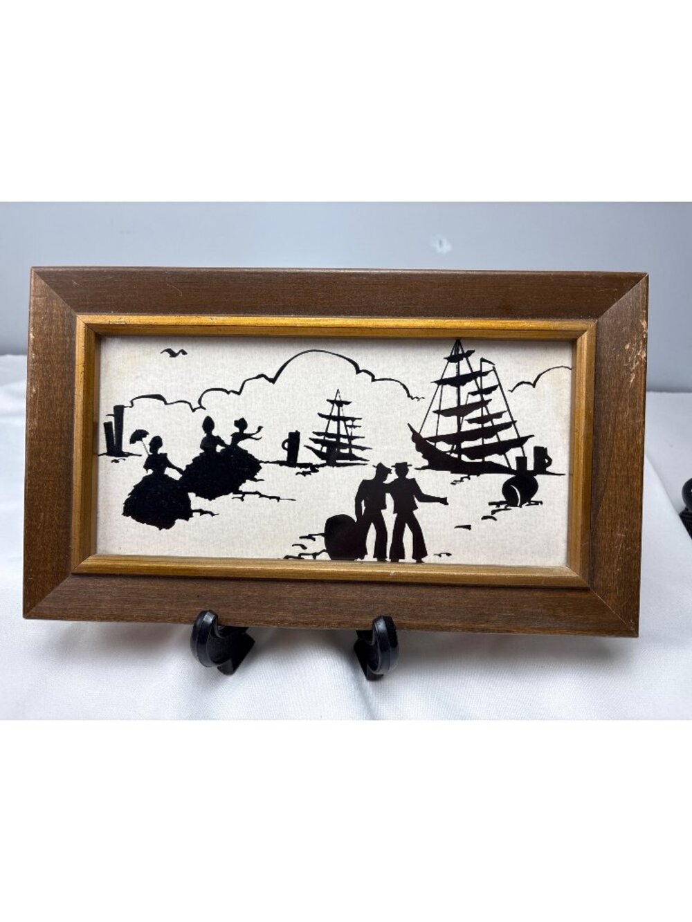 Silhouette Art Wooden Frame Nautical Harbor Scene Figures Ships 12"x7" Vtg